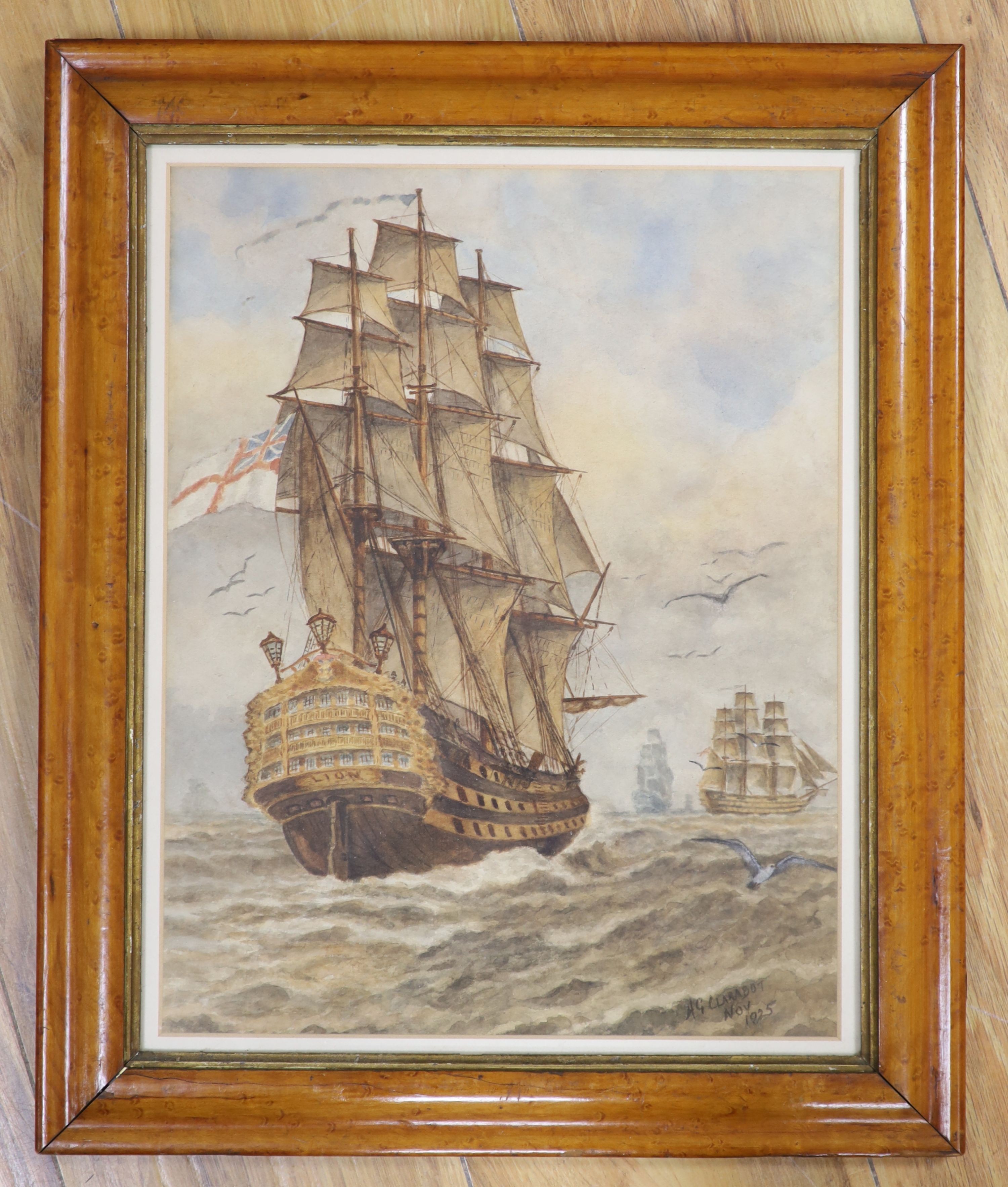 A.G. Clarabut, watercolour, Galleons at sea, signed and dated 1925, 35 x 27cm